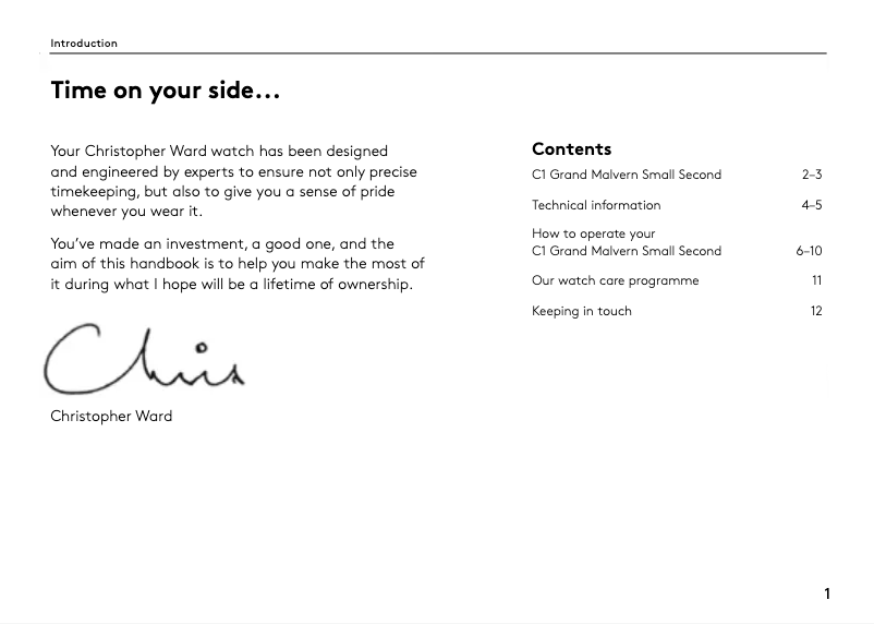 Page 1 de la notice Manuel utilisateur Christopher Ward C1 Grand Malvern Small Second