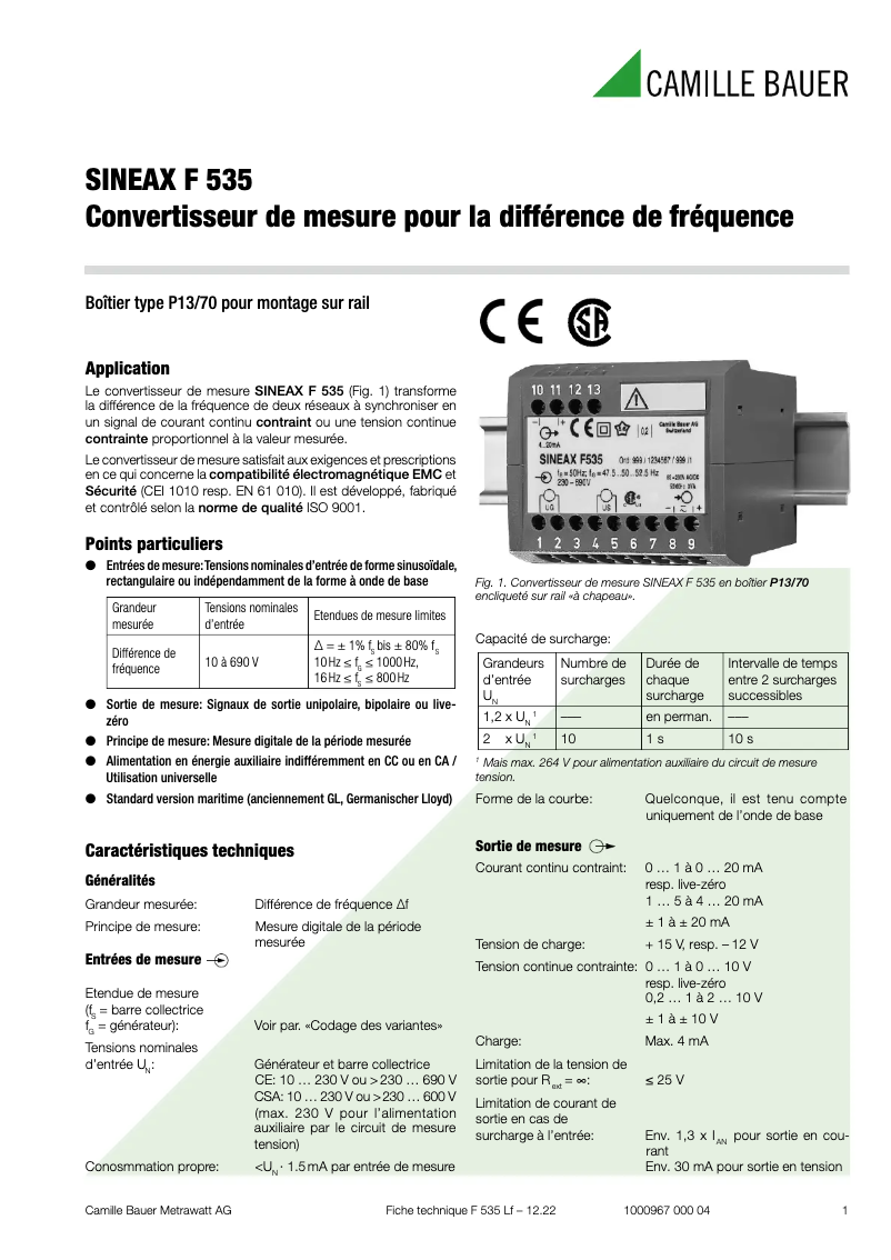 Page 1 de la notice Fiche technique Camille Bauer Sineax I538