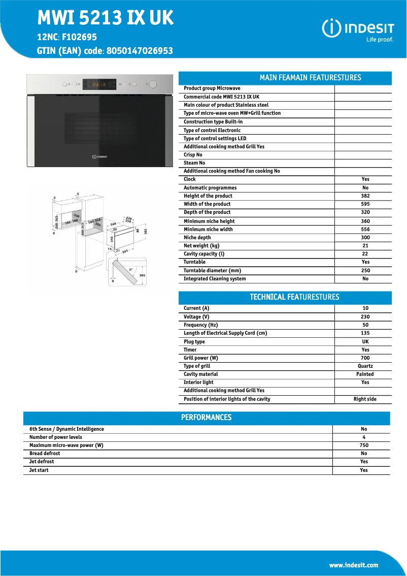 Page 1 de la notice Fiche technique Indesit MWI 5213 IX UK