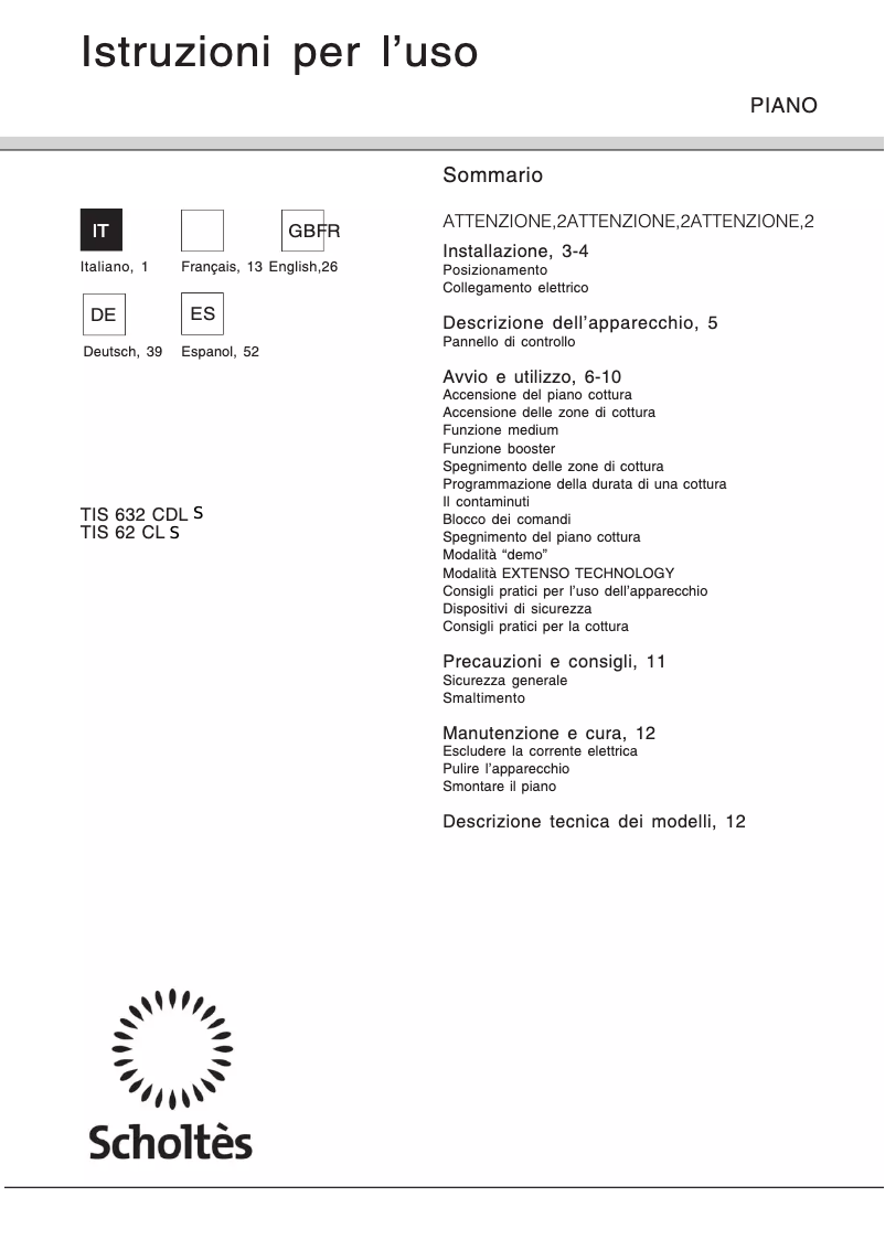 Page n°1 - Manuel utilisateur Scholtès TIS 632 CD L S
