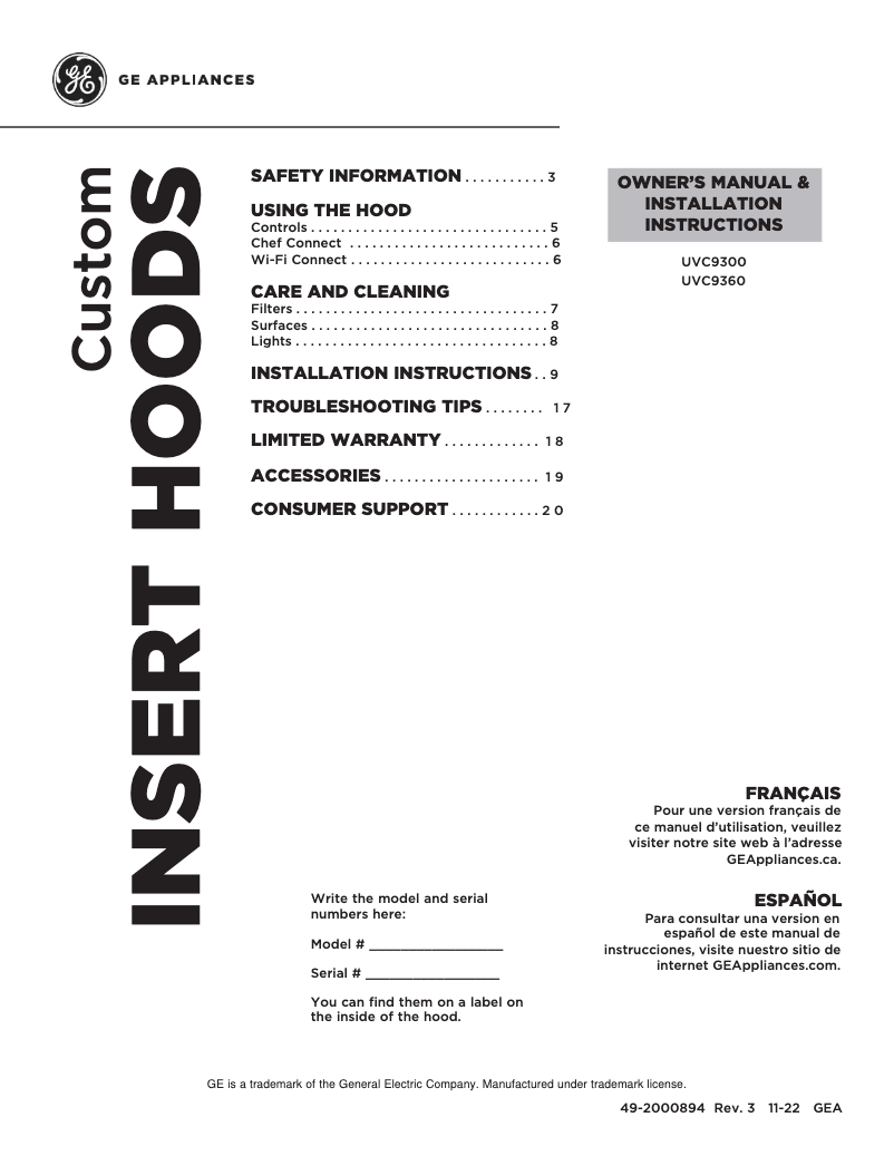 Page 1 de la notice Guide d'installation GE UVC9360SLSS