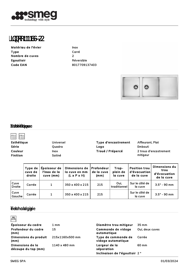 Page n°1 - Fiche technique Smeg LQR116-2