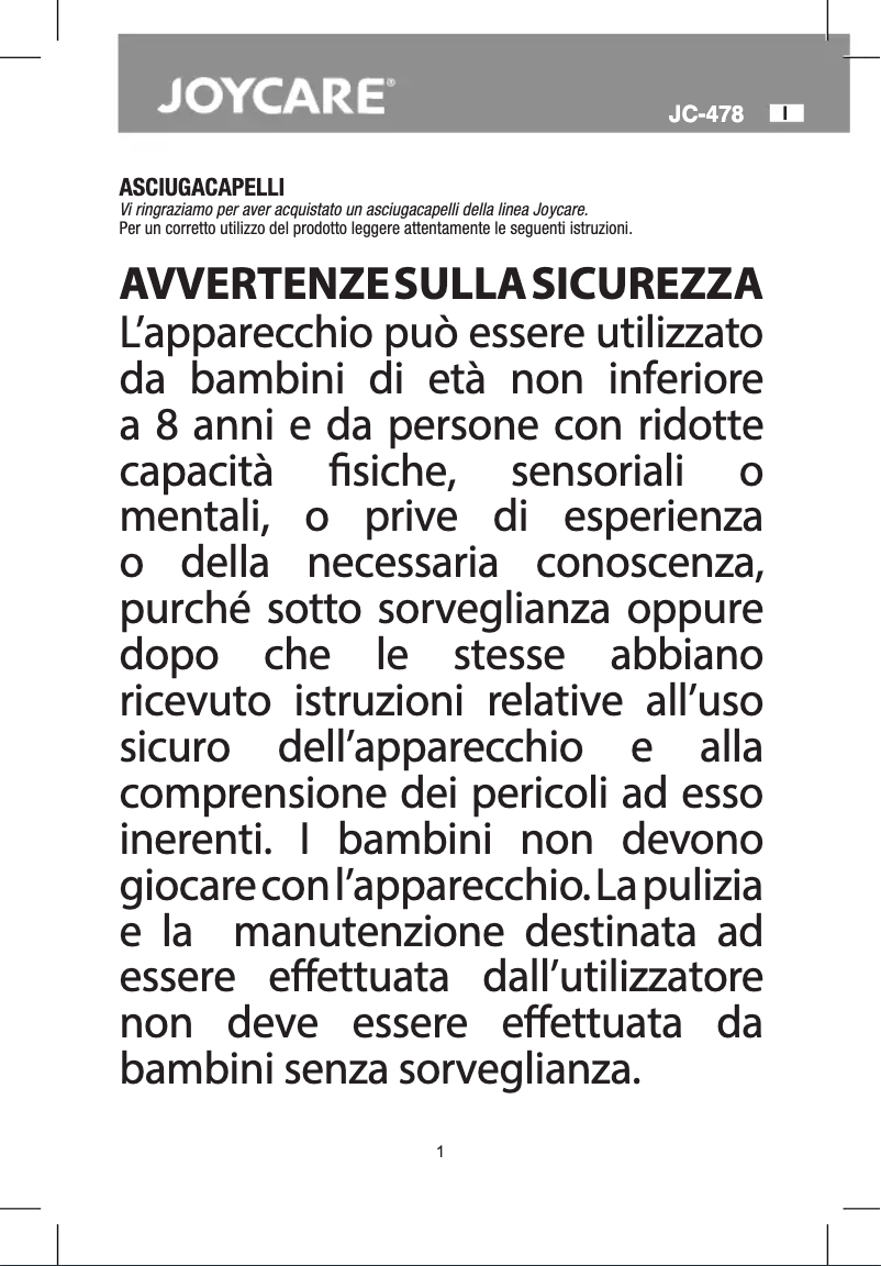 Page 1 de la notice Manuel utilisateur Joycare 2000W JC-478