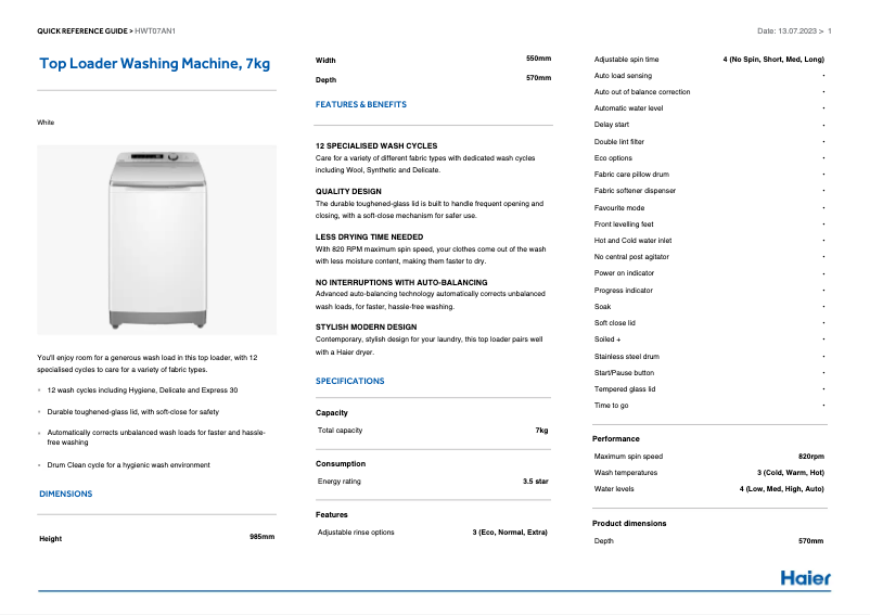 Image de la première page du manuel de l'appareil HWT07AN1