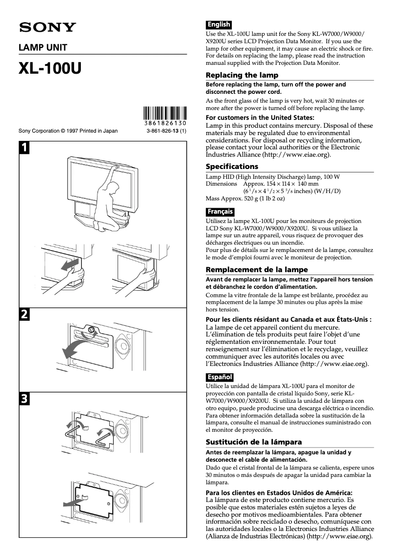 Page 1 de la notice Manuel utilisateur Sony XL-100U