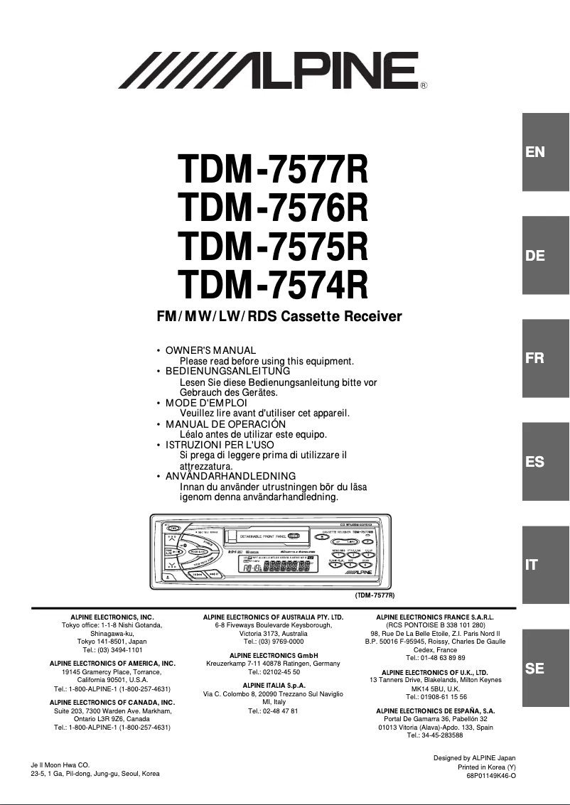 Page n°1 - Manuel utilisateur Alpine TDM-7577RB