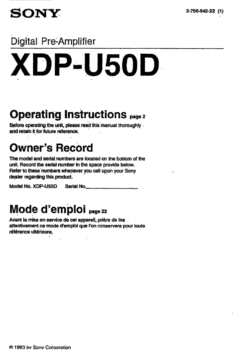 Page n°1 - Manuel utilisateur Sony XDP-U50D