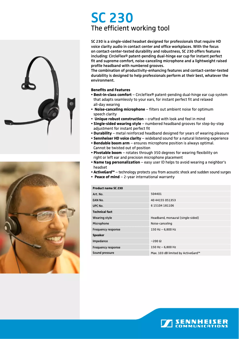 Page 1 de la notice Brochure Sennheiser SC 230