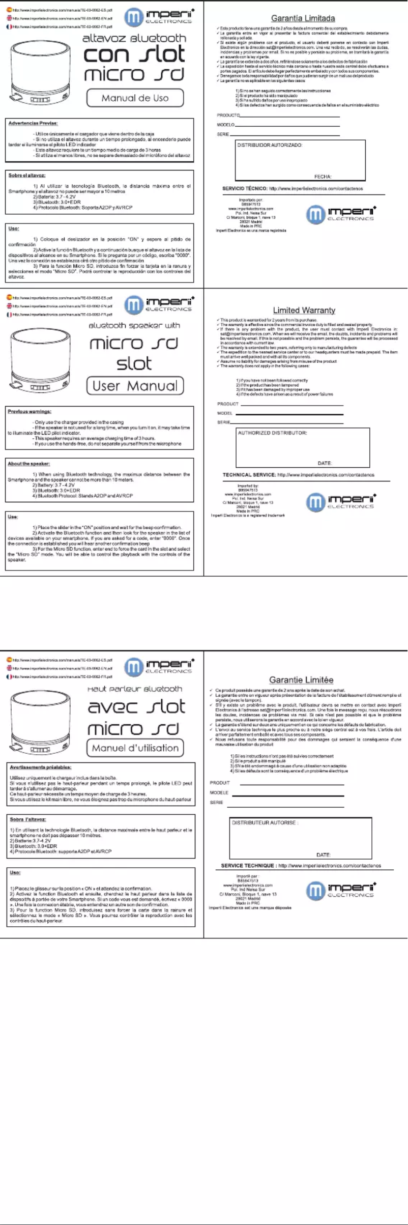 Page n°1 - Manuel utilisateur Imperii Electronics TE.03.0062.01
