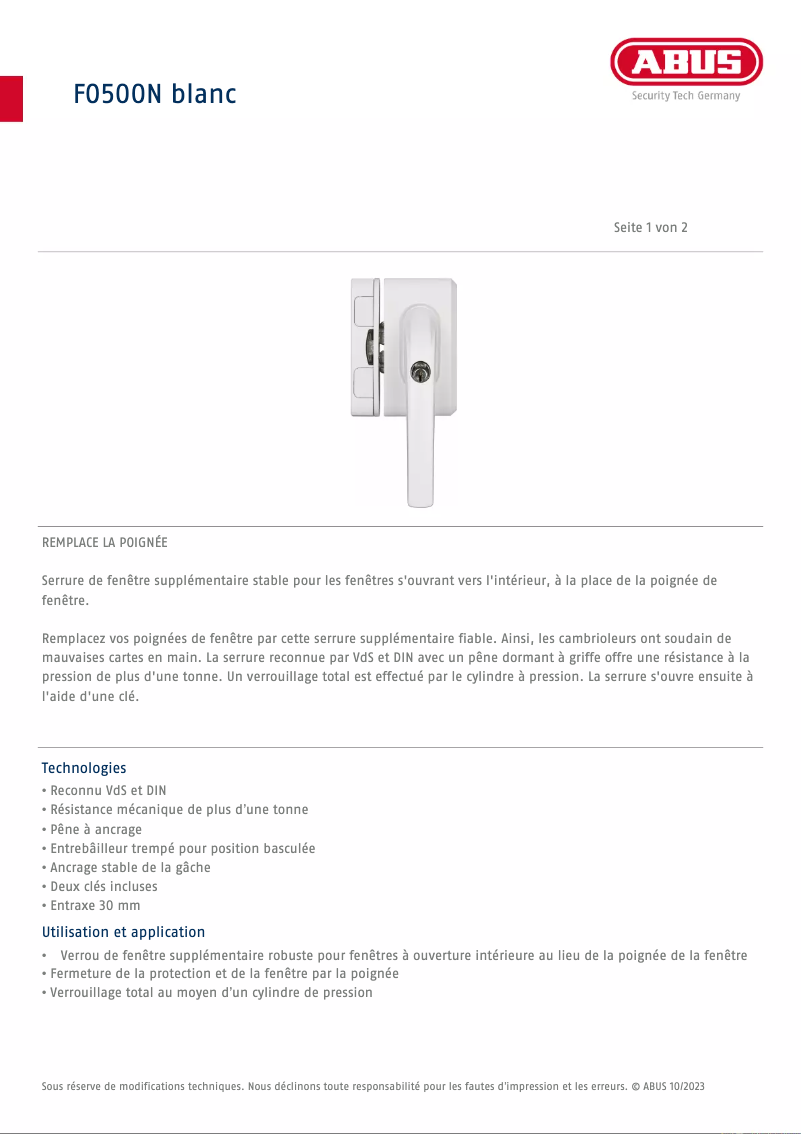 Page n°1 - Fiche technique Abus FO500N