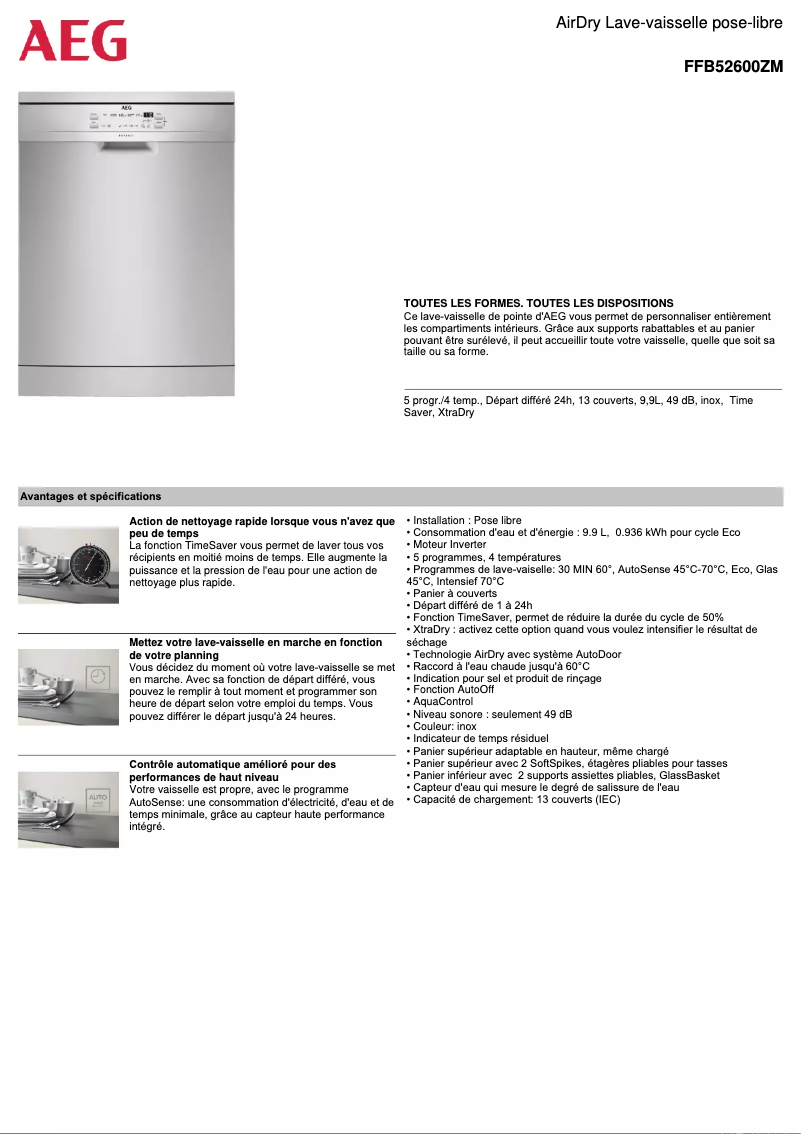 Page 1 de la notice Fiche technique AEG FFB52600ZM