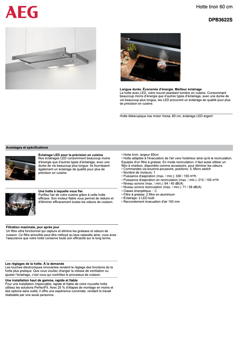 Page 1 de la notice Fiche technique AEG DPB3622S