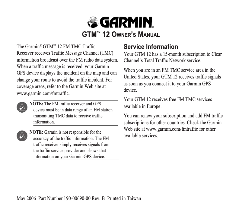 Page n°1 - Manuel utilisateur Garmin GTM 12