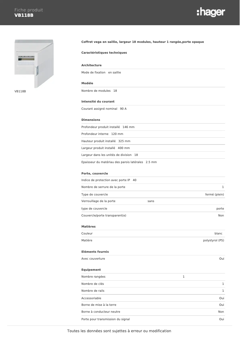 Page n°1 - Manuel utilisateur Hager VB118B