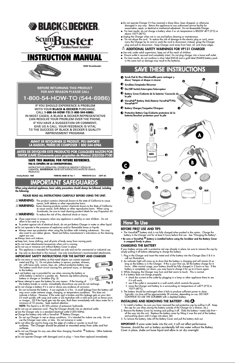 Page 1 de la notice Manuel utilisateur Black & Decker ScumBuster S500