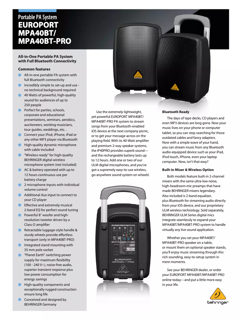 Page 1 de la notice Brochure Behringer Europort MPA40BT-PRO