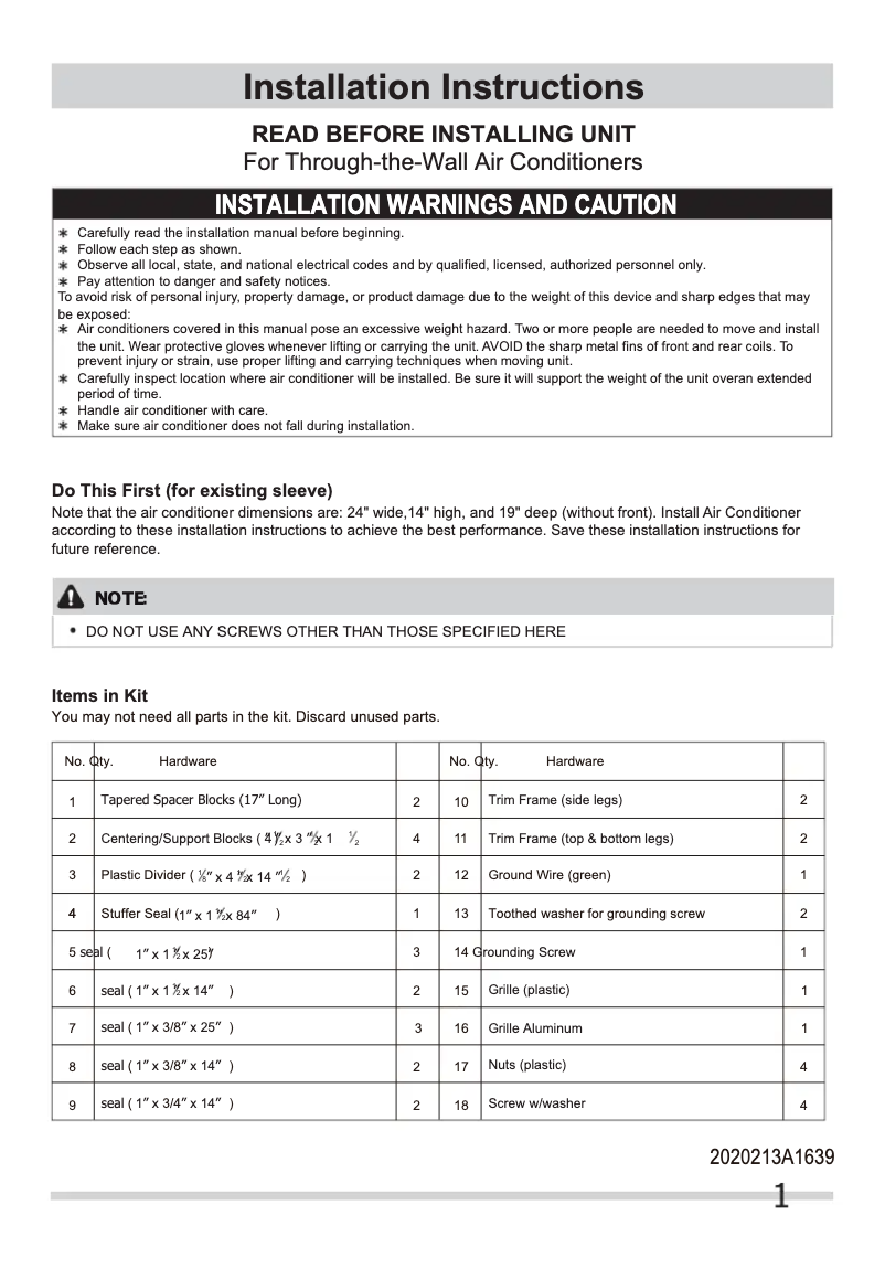 Page 1 de la notice Guide d'installation Frigidaire FFTA1033Q1