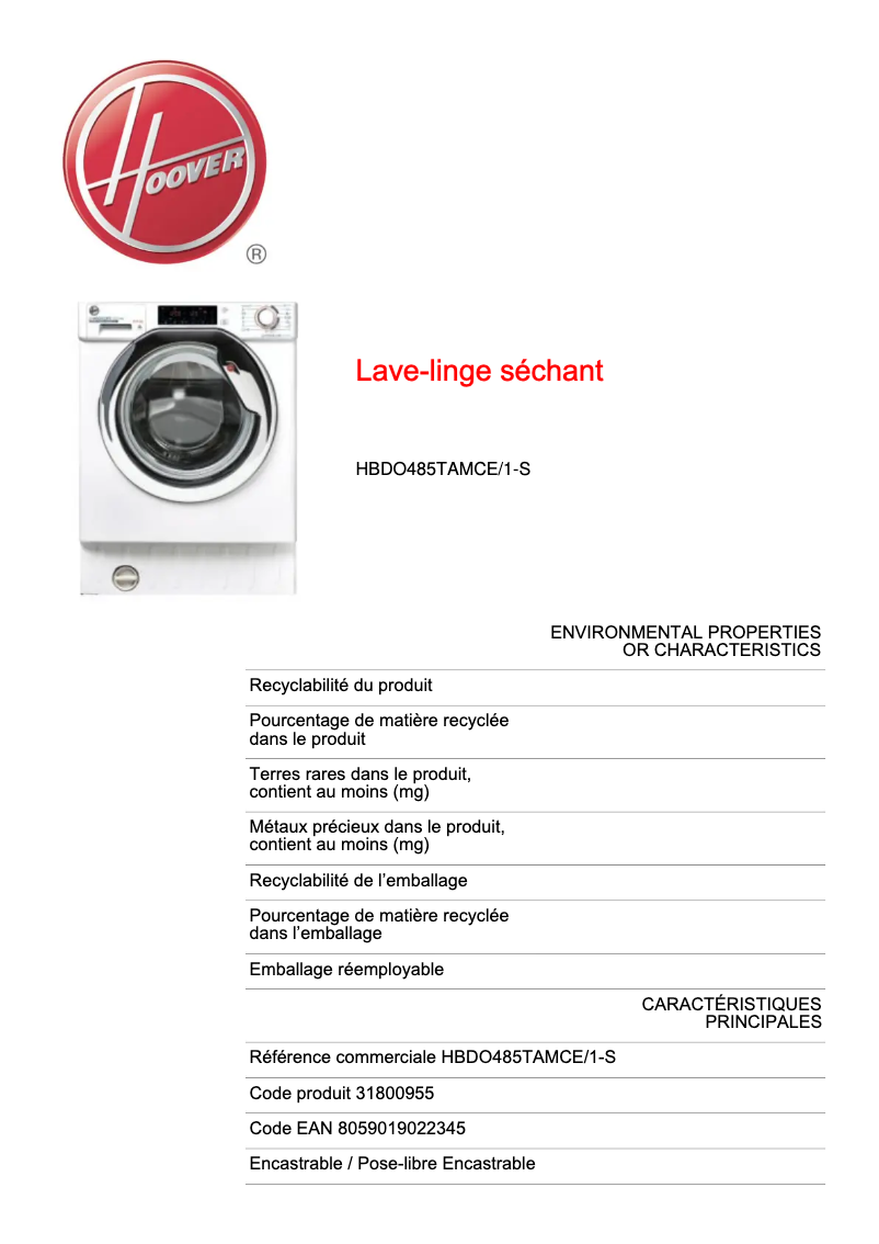 Page n°1 - Fiche technique Hoover H-WASH 300 PRO