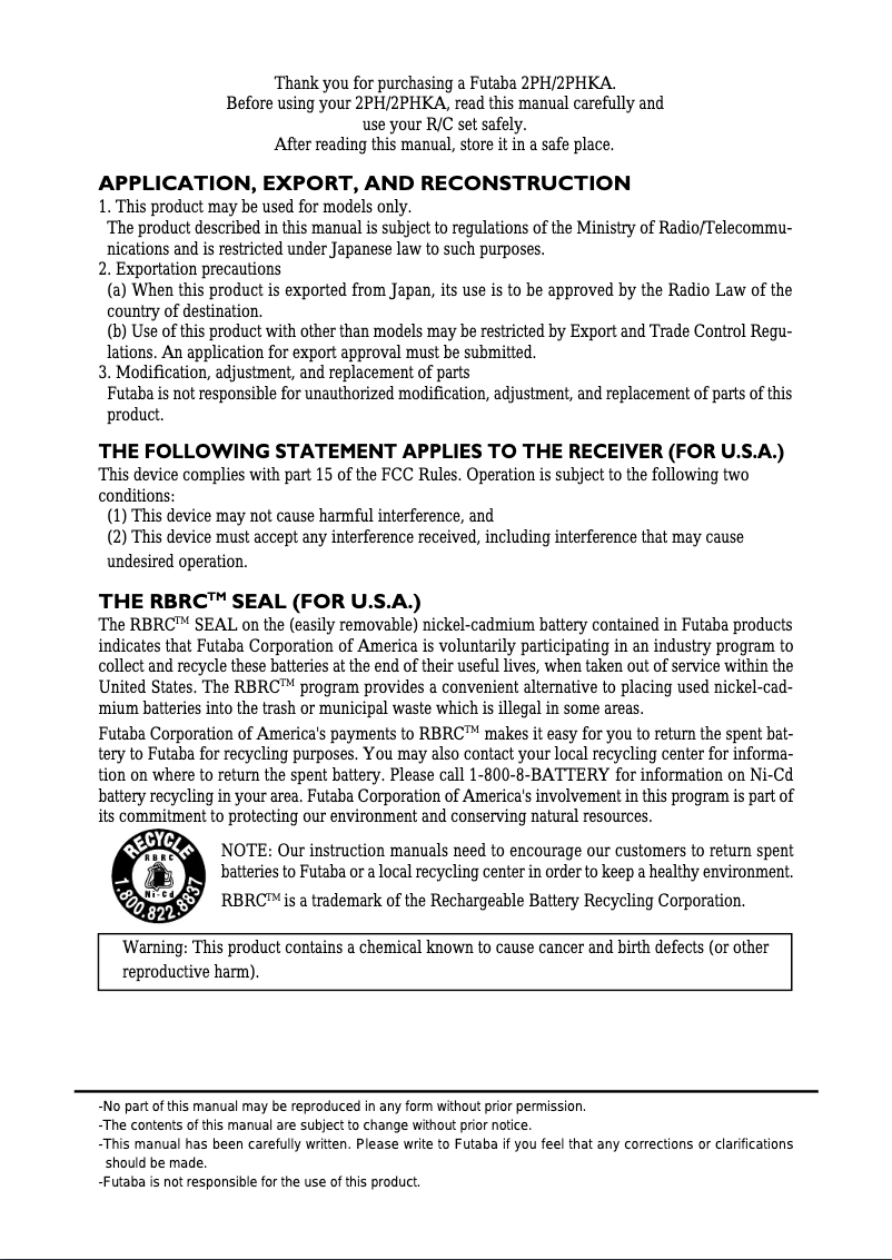 Page 1 de la notice Manuel utilisateur Futaba 2PHKA