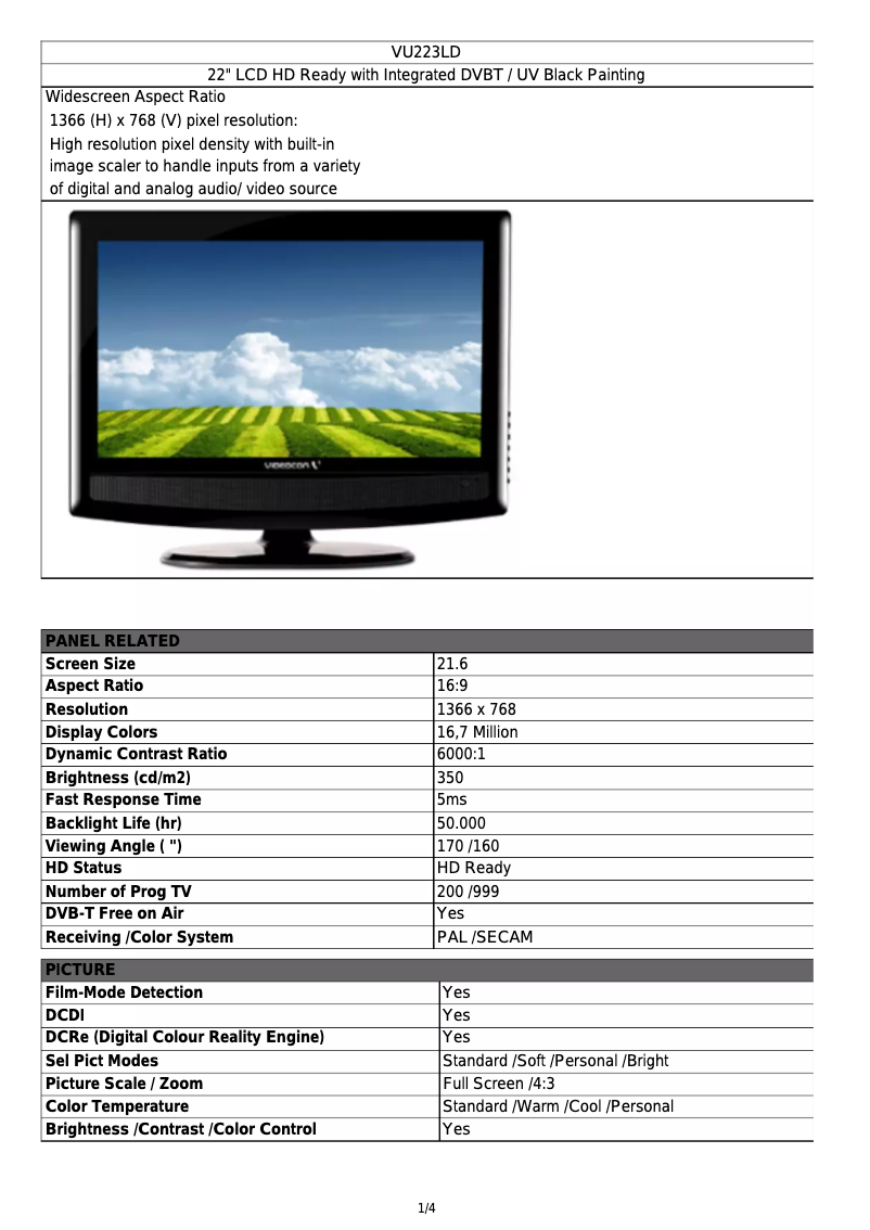 Page 1 de la notice Manuel utilisateur Videocon VU223LD