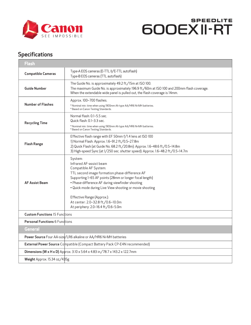 Page 1 de la notice Fiche technique Canon Speedlite 600EX II-RT