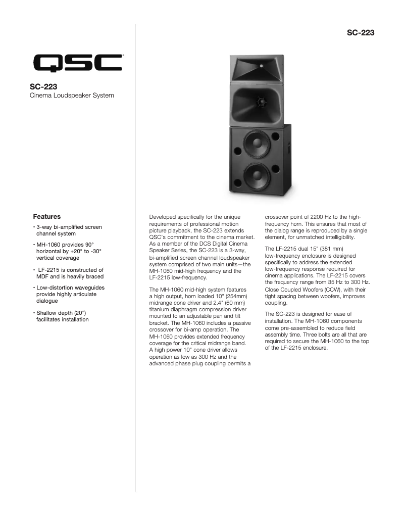 Page 1 de la notice Fiche technique QSC SC-223