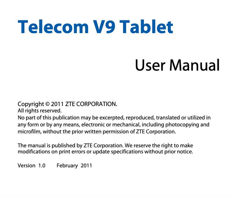 Page n°1 - Manuel utilisateur ZTE Telecom V9