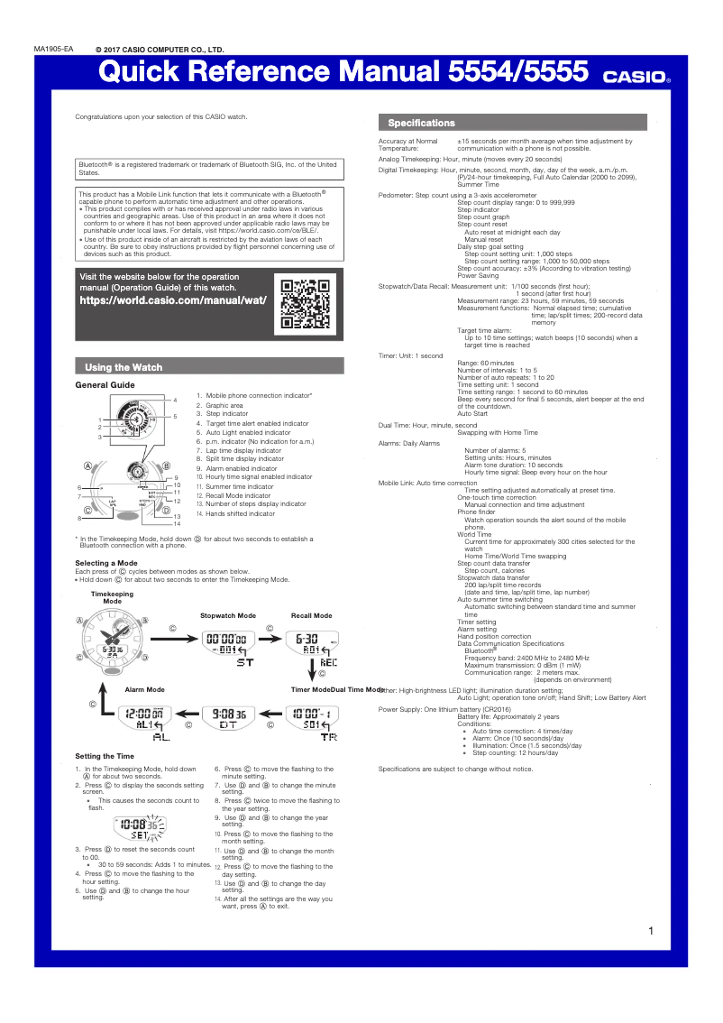 Page 1 de la notice Guide de démarrage rapide Casio G-Shock GBA-800