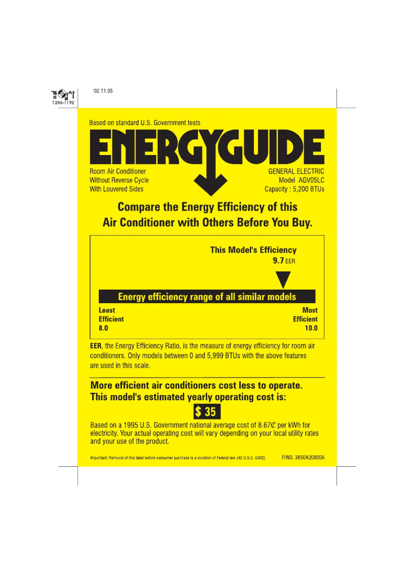 Page n°1 - Label énergétique GE AGV05LC