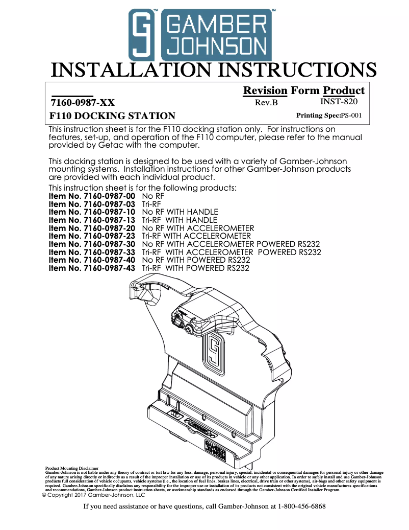 Page 1 de la notice Manuel utilisateur Gamber-Johnson 7170-0670