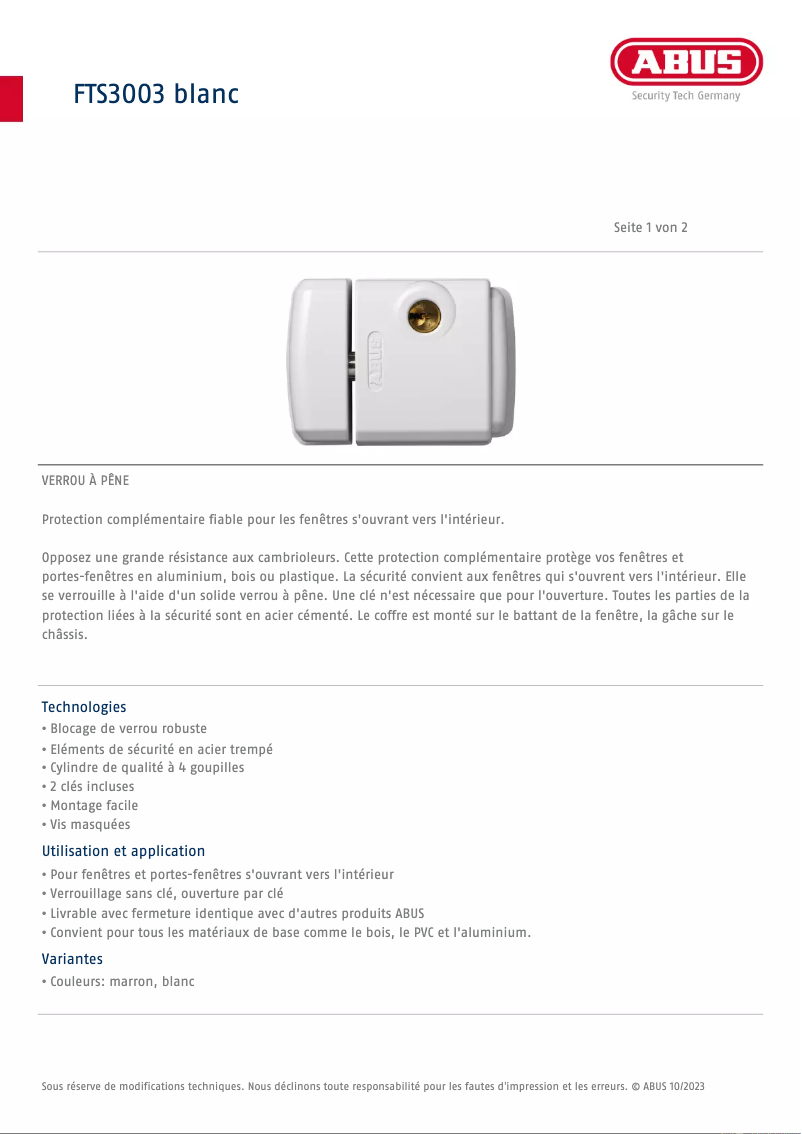 Page 1 de la notice Fiche technique Abus FTS3003