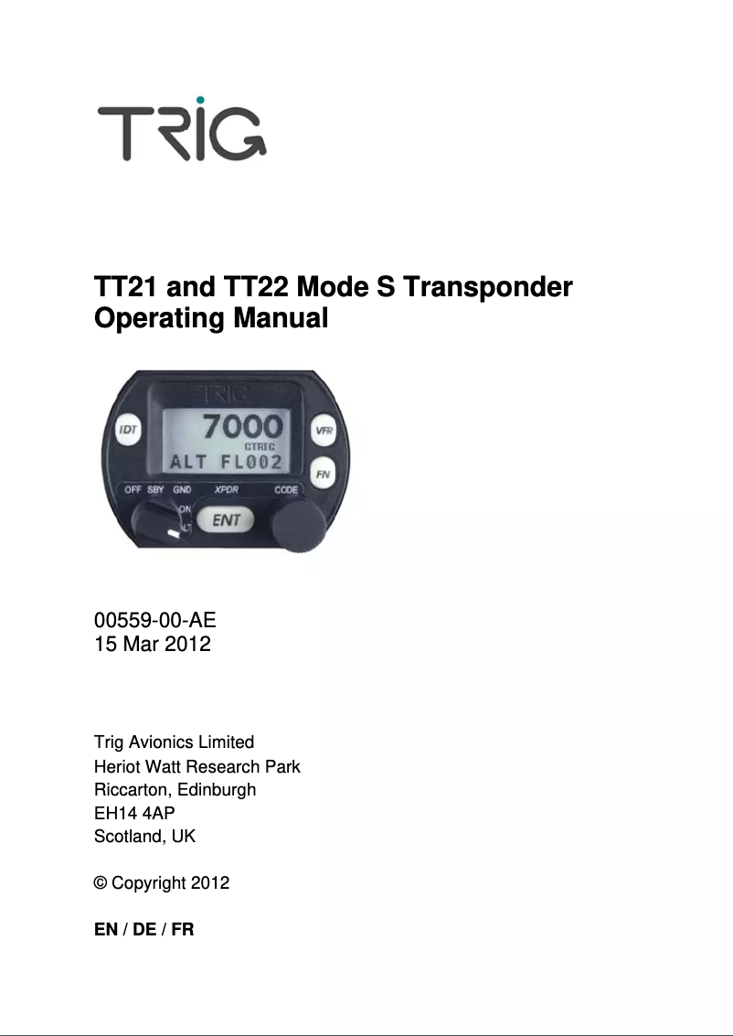 Page 1 de la notice Manuel utilisateur Trig Avionics TT22 Mode S Transponder