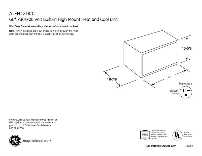 Page n°1 - Fiche technique GE AJEH12DCC