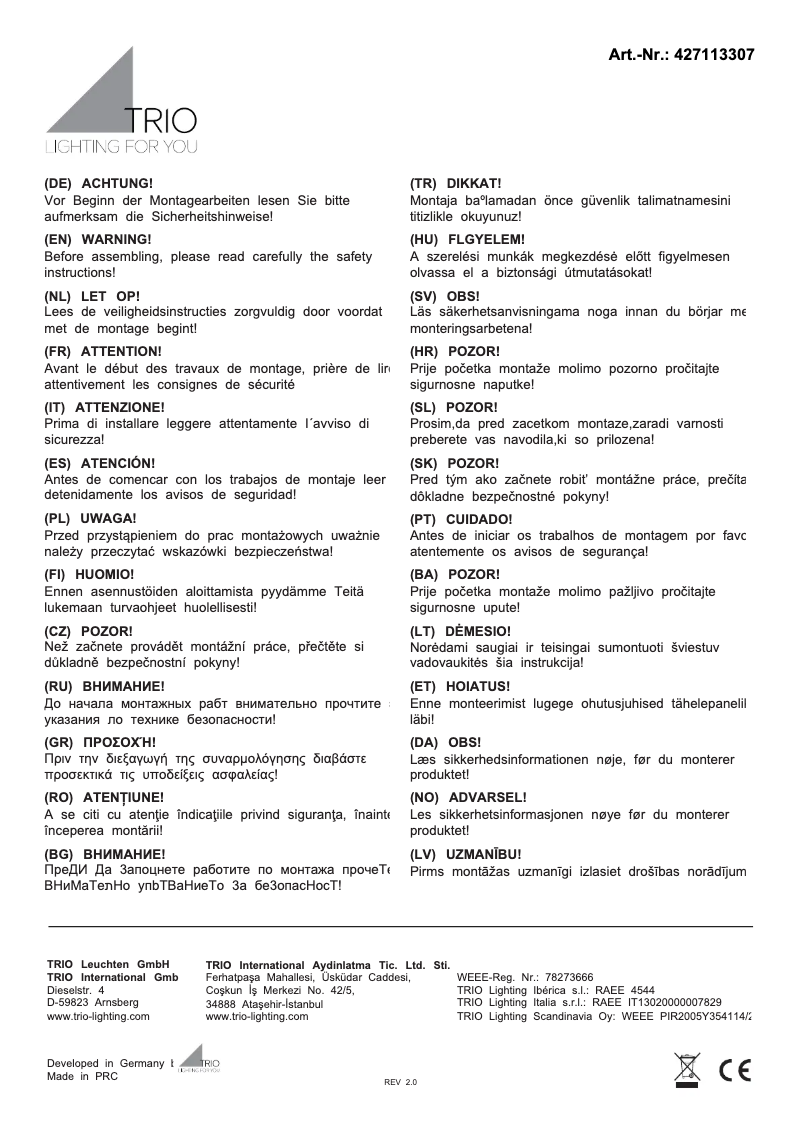 Page 1 de la notice Manuel utilisateur Trio Lighting Salina 427113307