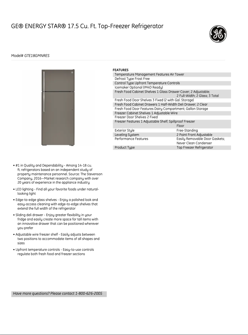 Page 1 de la notice Fiche technique GE GTE18GMNRES