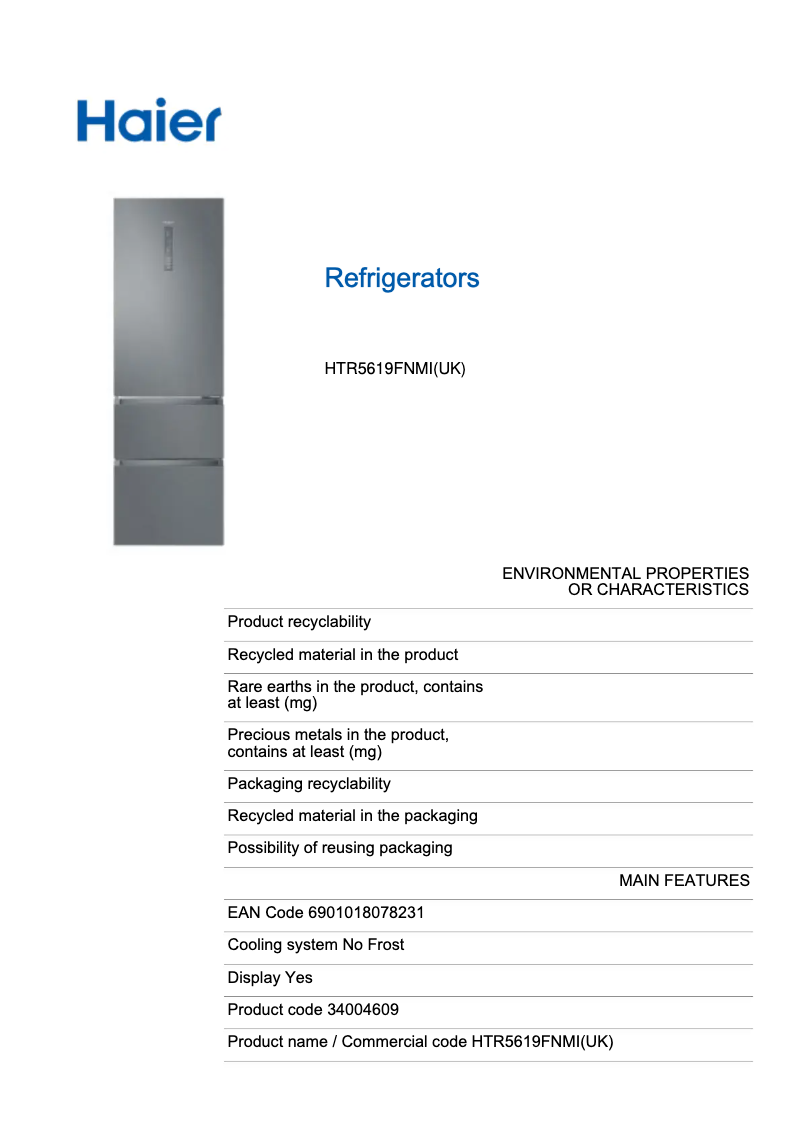Page n°1 - Label énergétique Haier HTR5619FNMI