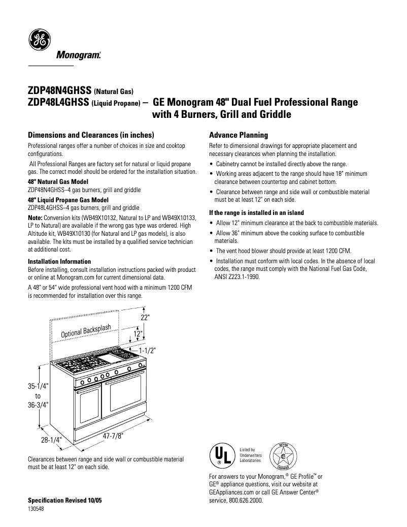 Page n°1 - Fiche technique GE ZDP48L4GHSS