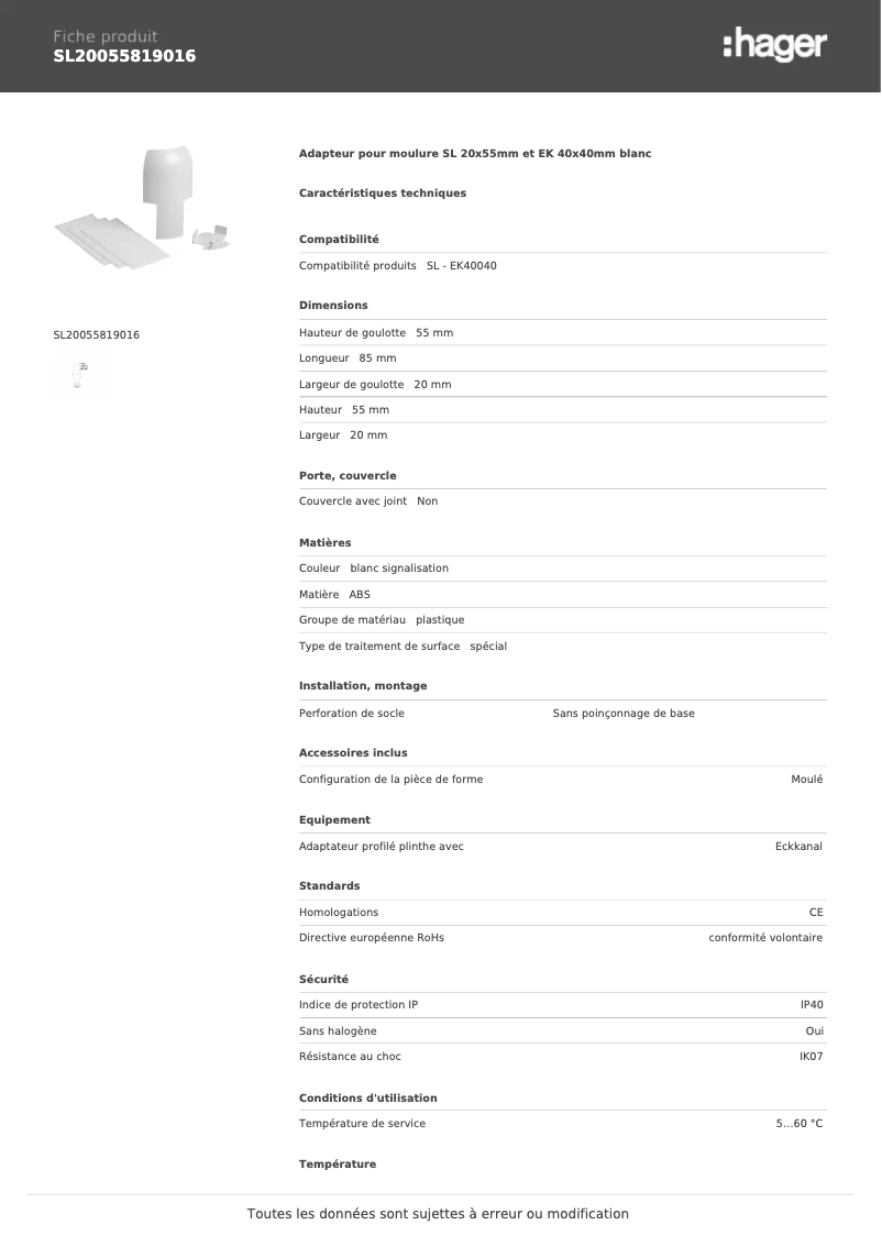 Page 1 de la notice Fiche technique Hager SL20055819016