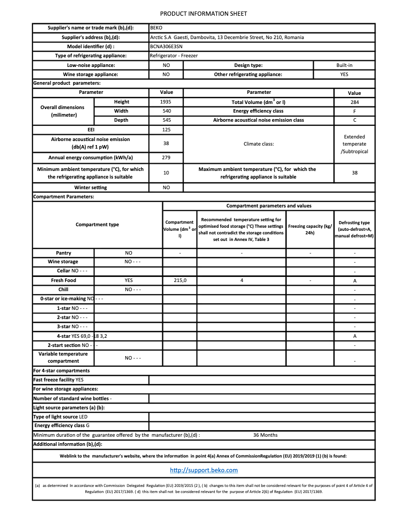 Page 1 de la notice Fiche technique Beko BCNA306E3SN