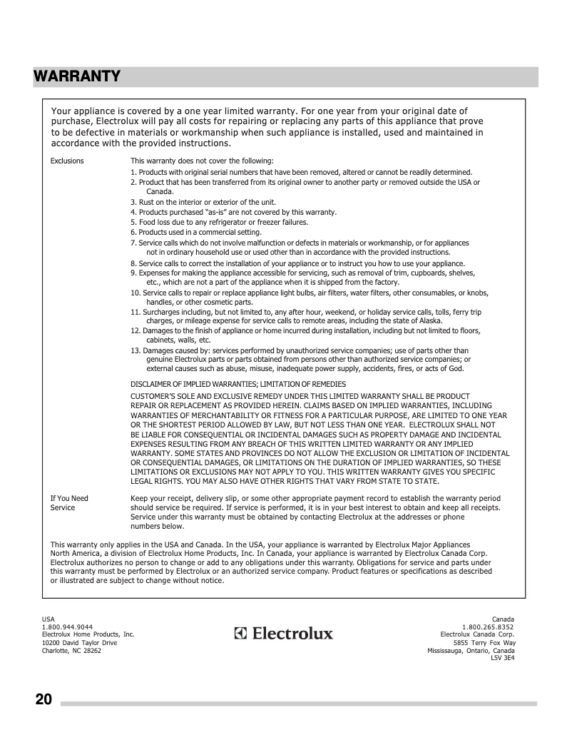 Page n°1 - Informations de garantie Frigidaire FFGC3026SW
