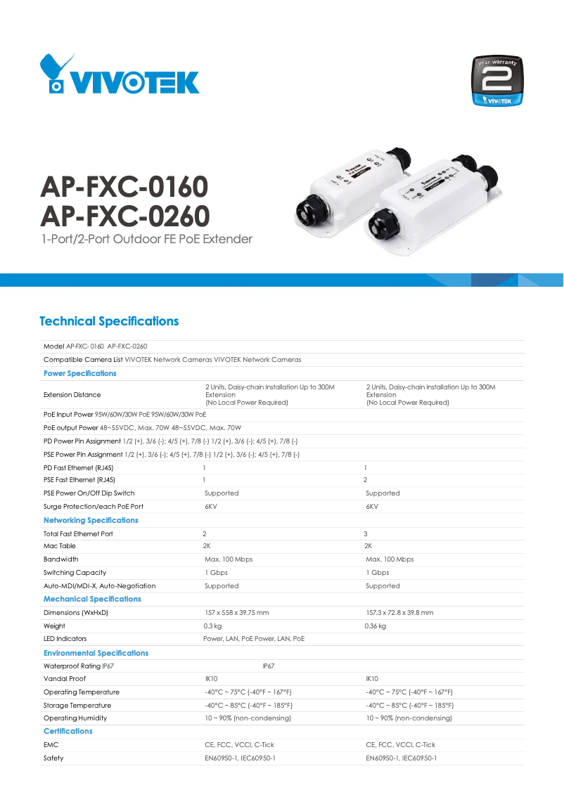 Page 1 de la notice Fiche technique Vivotek AP-FXC-0160