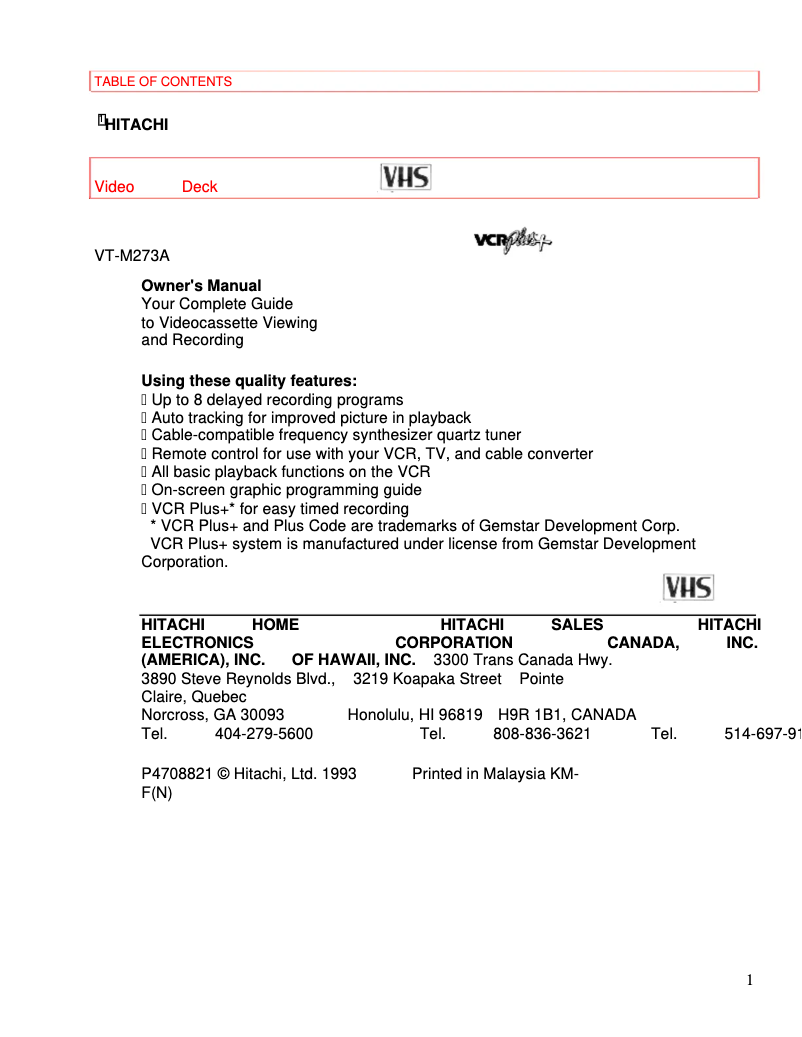 Page 1 de la notice Manuel utilisateur Hitachi VT-M273A