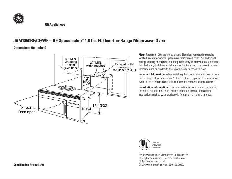 Página 1 del manual Ficha técnica GE JVM1850CF