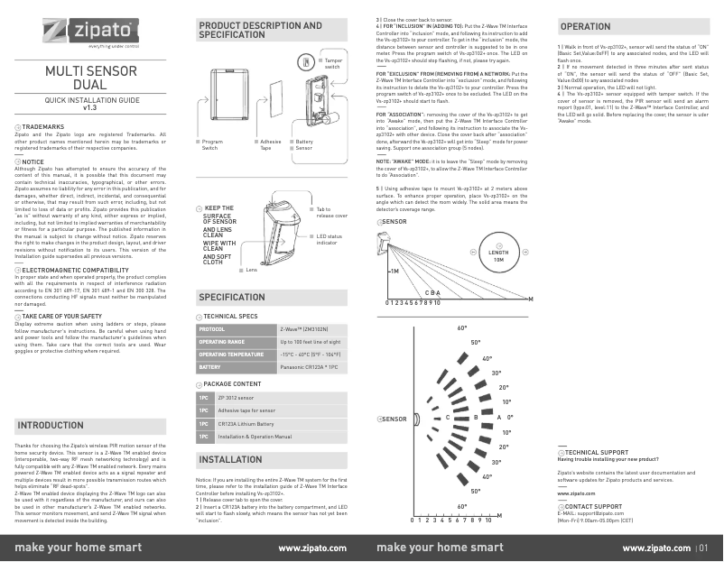 Page 1 de la notice Manuel utilisateur Zipato VS-ZP3102+.EU