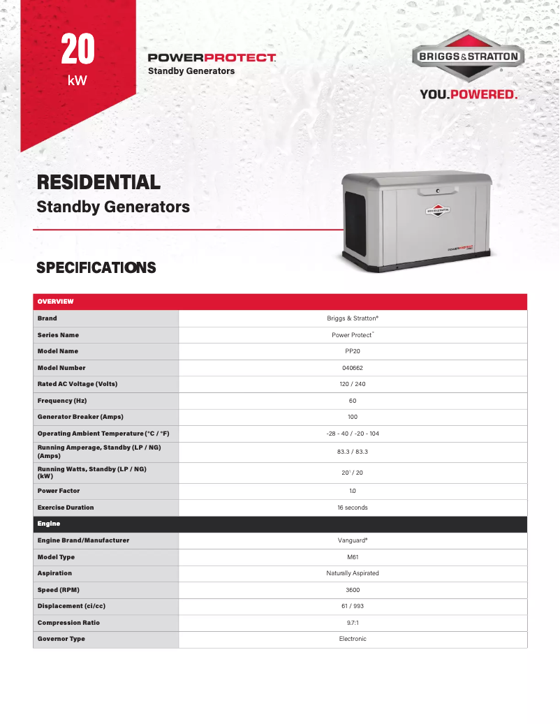 Page 1 de la notice Fiche technique Briggs & Stratton Power Protect 20kW