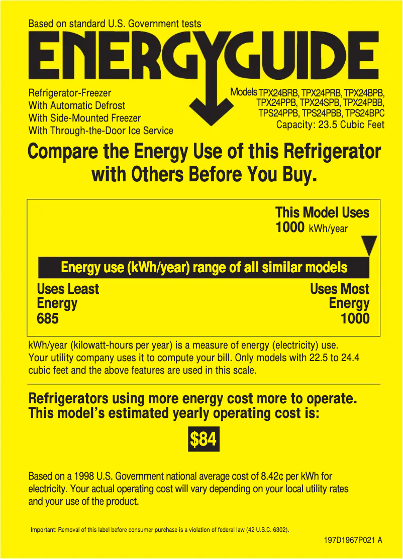Page 1 de la notice Label énergétique GE Profile Performance TPX24PPBWW