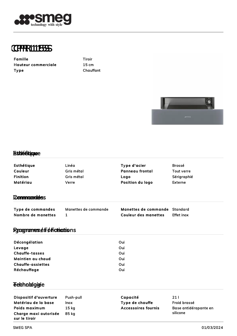 Page n°1 - Fiche technique Smeg CPR115S