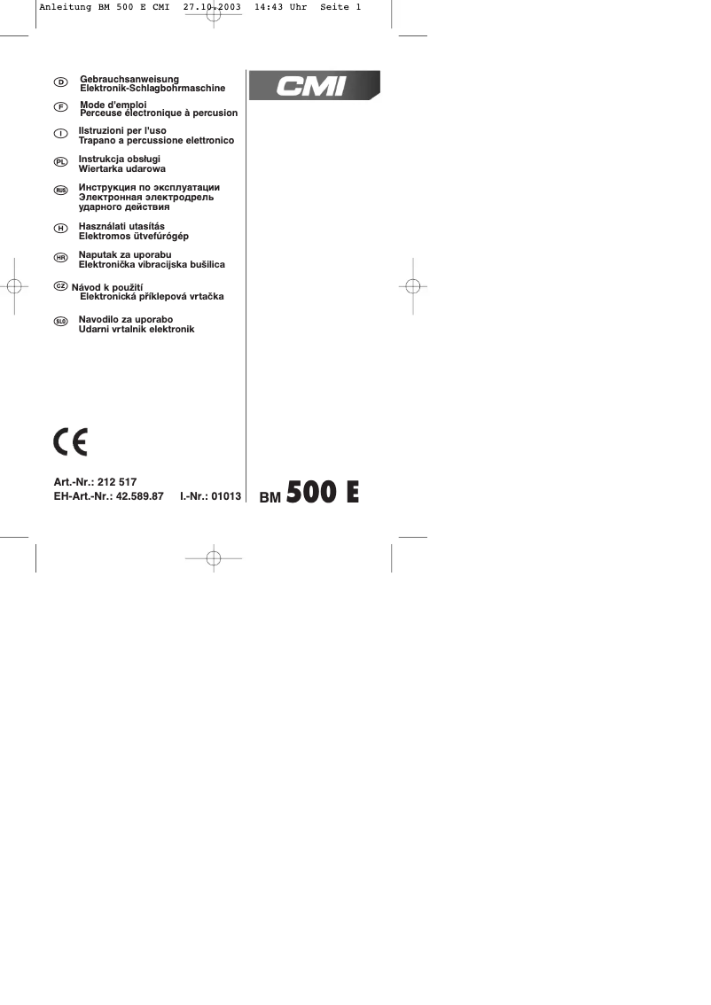 Page n°1 - Manuel utilisateur CMI BM 500 E