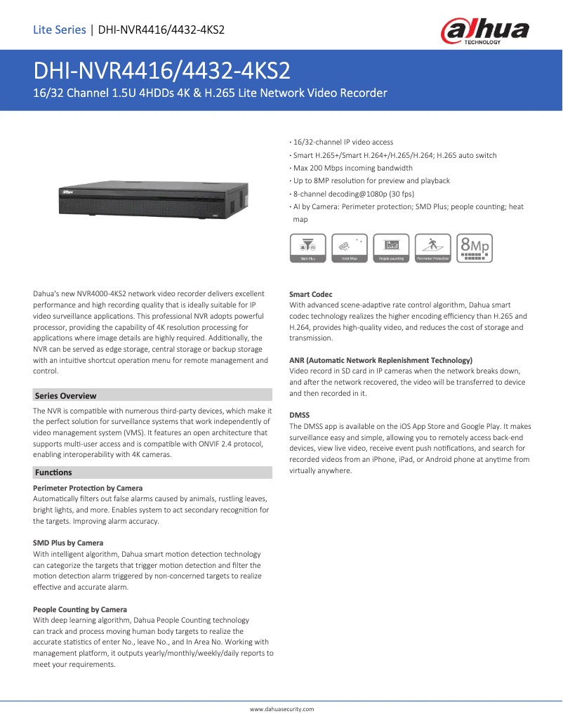 Page 1 de la notice Fiche technique Dahua Technology NVR4416-4KS2