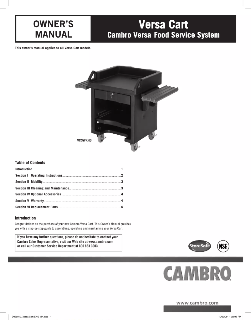 Page n°1 - Manuel utilisateur Cambro VCSHD186